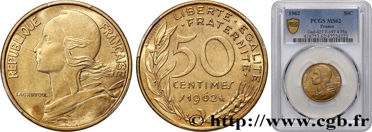 50 centimes Marianne, col à 4 plis 1962 Paris F.197/3 MS62 PCGS