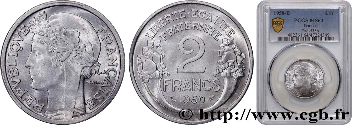 2 francs Morlon, aluminium 1950 Beaumont-Le-Roger F.269/17 MS64 PCGS