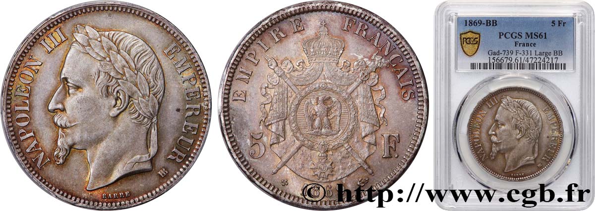 5 francs Napoléon III, tête laurée 1869 Strasbourg F.331/15 SUP61 PCGS