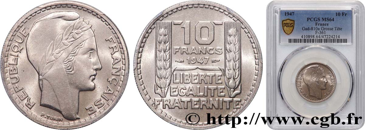 10 francs Turin, grosse tête, rameaux courts 1947  F.361A/4 MS64 PCGS