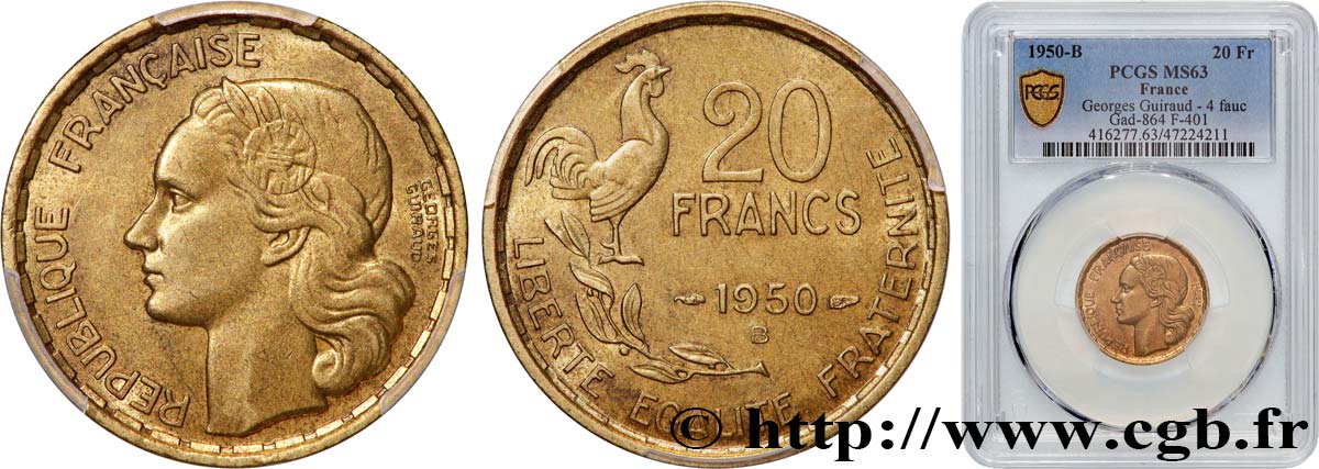 20 francs Georges Guiraud, 4 faucilles 1950 Beaumont-Le-Roger F.401/3 SPL63 PCGS