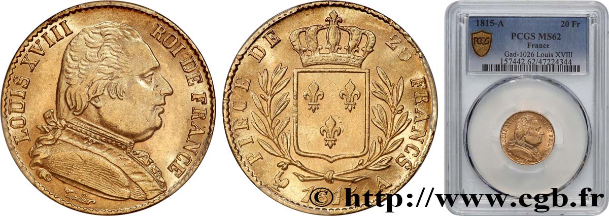 20 francs or Louis XVIII, buste habillé 1815 Paris F.517/10 SUP62 PCGS