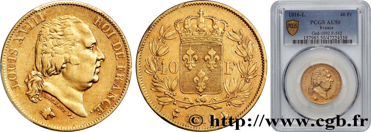 40 francs or Louis XVIII 1816 Bayonne F.542/3 TTB50 PCGS