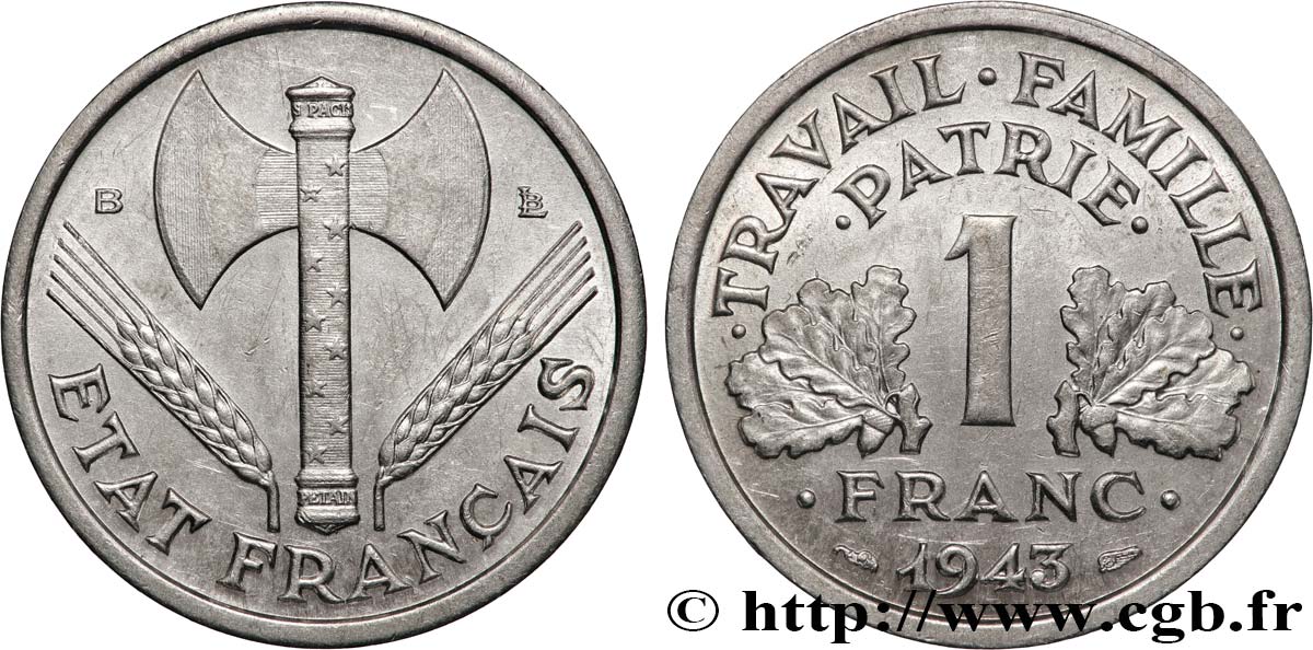 1 franc Francisque, légère 1943 Beaumont-Le-Roger F.223/4 SUP61 
