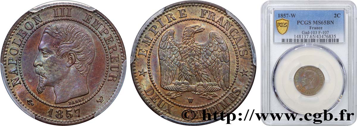 Deux centimes Napoléon III, tête nue 1857 Lille F.107/51 ST65 PCGS