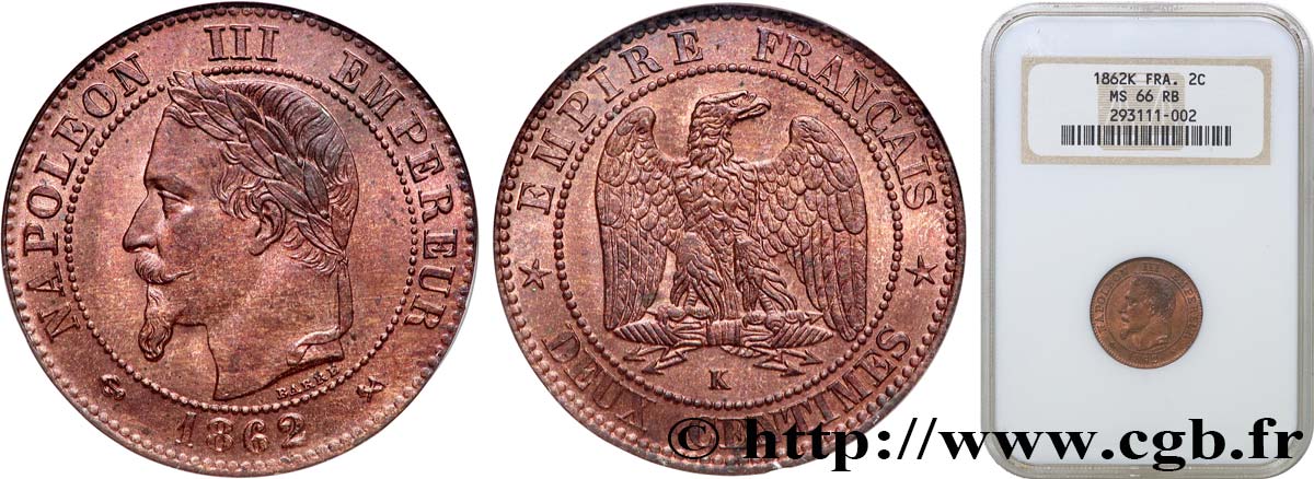 Deux centimes Napoléon III, tête laurée 1862 Bordeaux F.108A/7 ST66 NGC