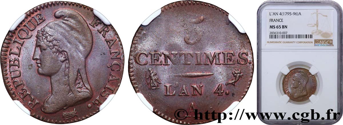 5 centimes Dupré, petit module 1796 Paris F.113/1 MS65 NGC