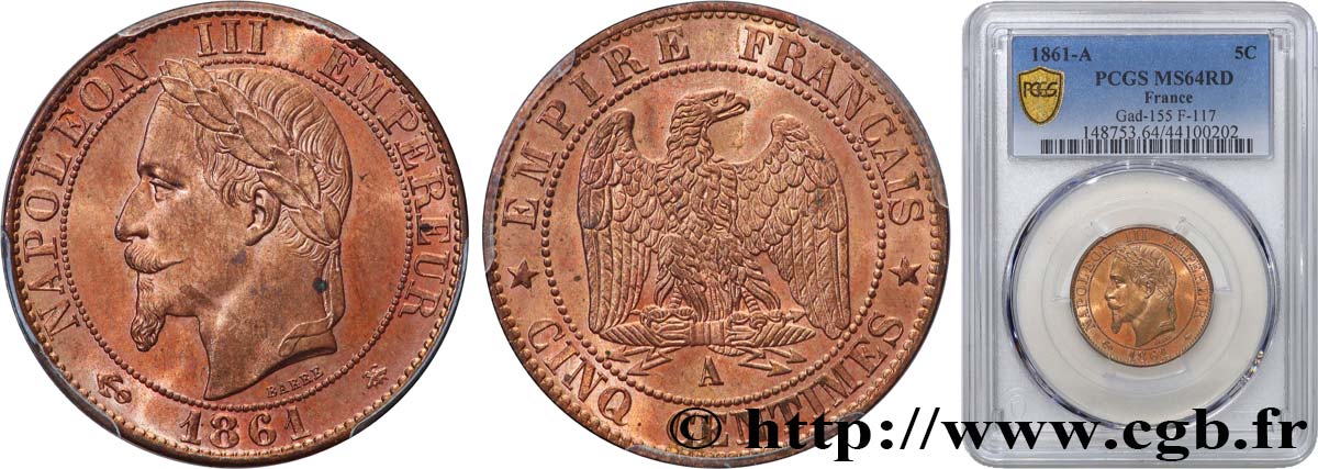 Cinq centimes Napoléon III, tête laurée 1861 Paris F.117/4 SPL64 PCGS