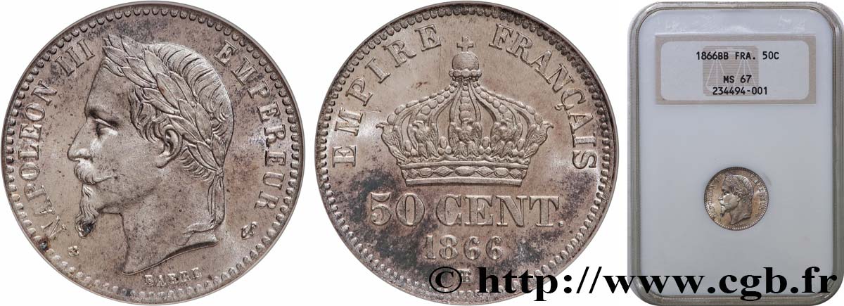 50 centimes Napoléon III, tête laurée 1866 Strasbourg F.188/10 FDC67 NGC