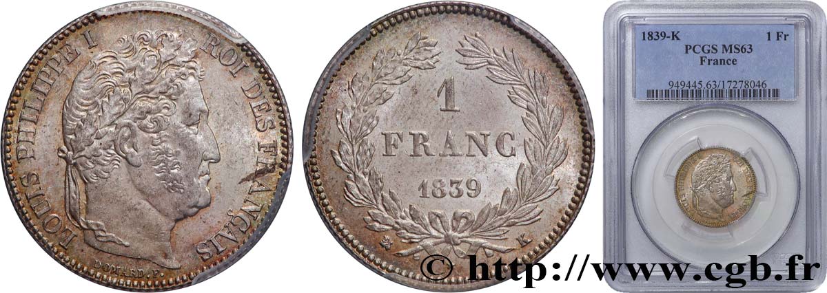 1 franc Louis-Philippe, couronne de chêne 1839 Bordeaux F.210/71 SC63 PCGS