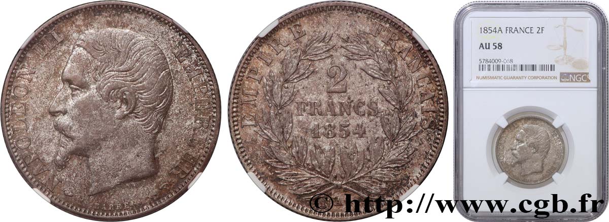 2 francs Napoléon III, tête nue 1854 Paris F.262/2 AU58 NGC