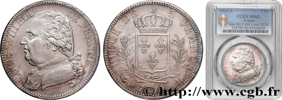 5 francs Louis XVIII, buste habillé 1814 Bayonne F.308/8 MS62 PCGS