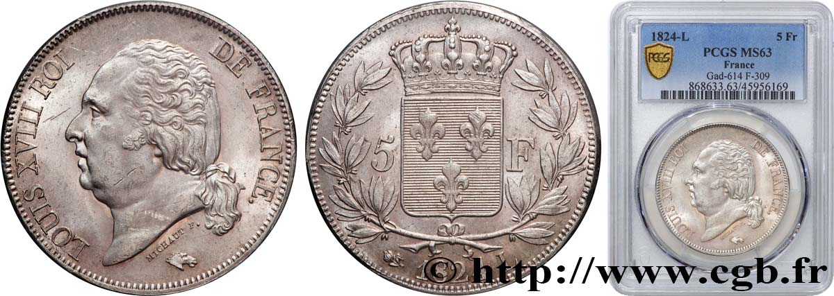 5 francs Louis XVIII, tête nue 1824 Bayonne F.309/94 SC63 PCGS