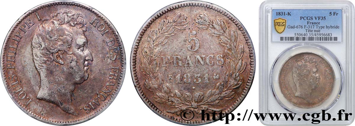5 francs type Tiolier avec le I, Hybride, tranche en creux 1831 Bordeaux F.317/1 S35 PCGS