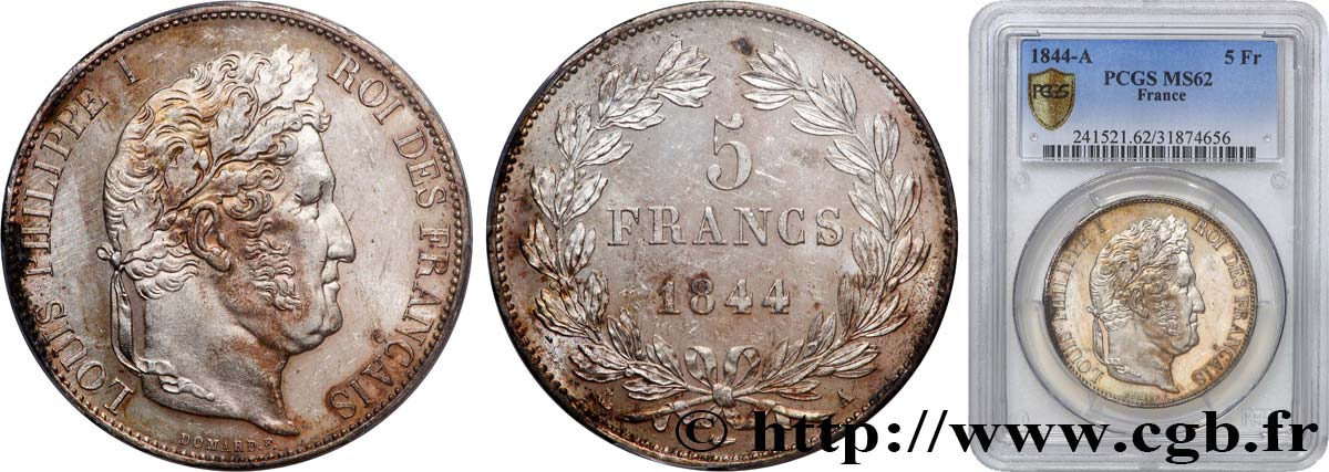 5 francs IIIe type Domard 1844 Paris F.325/1 SUP62 PCGS