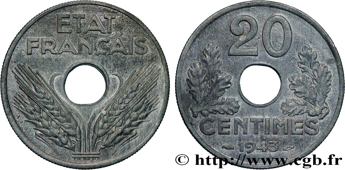 20 centimes État français, lourde 1943  F.153/5 TTB 