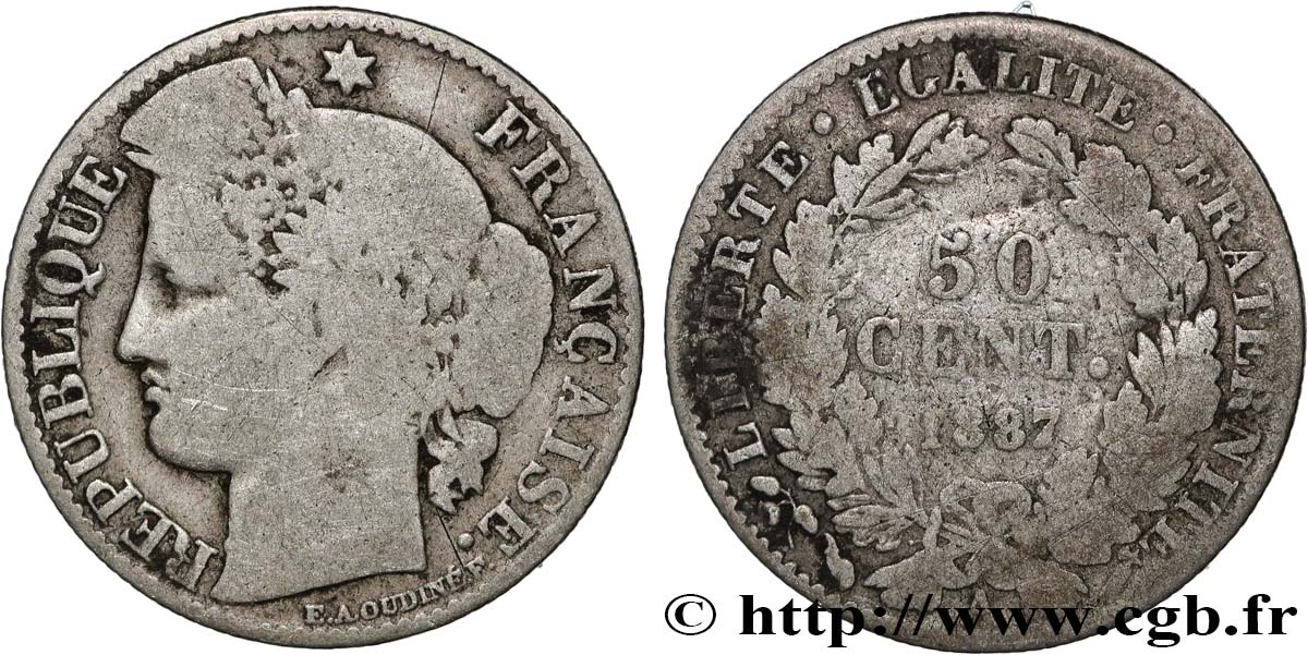 50 centimes Cérès, Troisième République 1887 Paris F.189/12 BC 