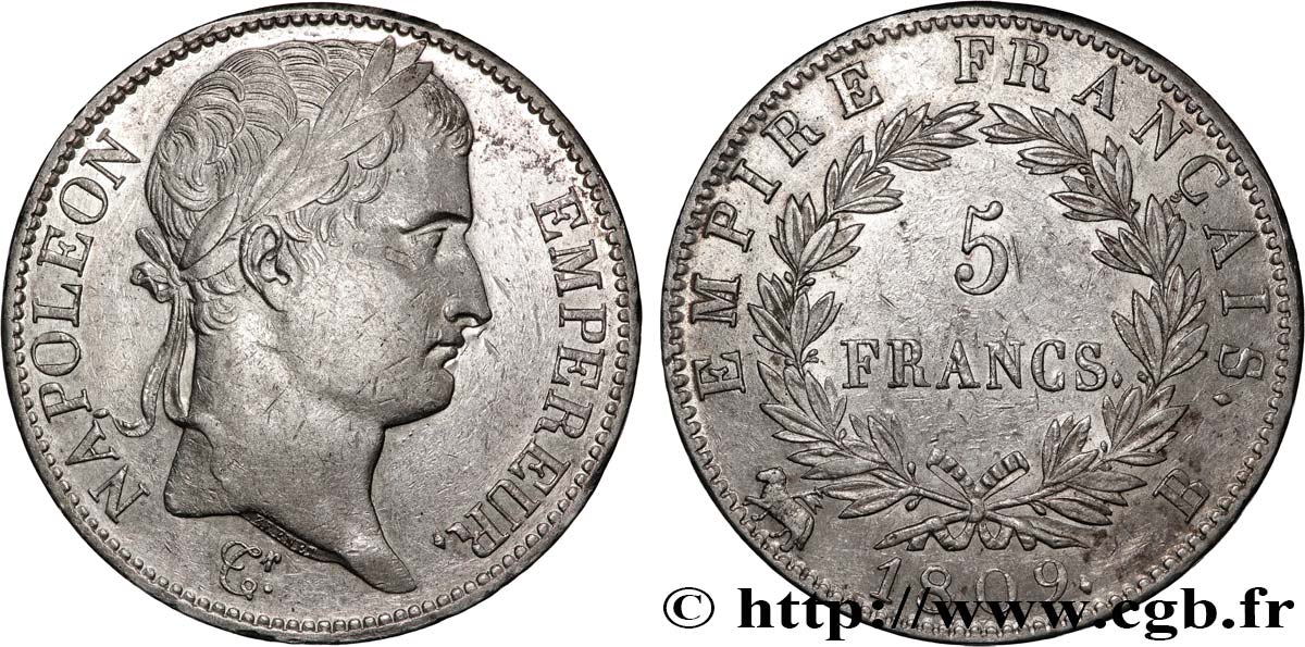 5 francs Napoléon Empereur, Empire français 1809 Rouen F.307/2 MBC 
