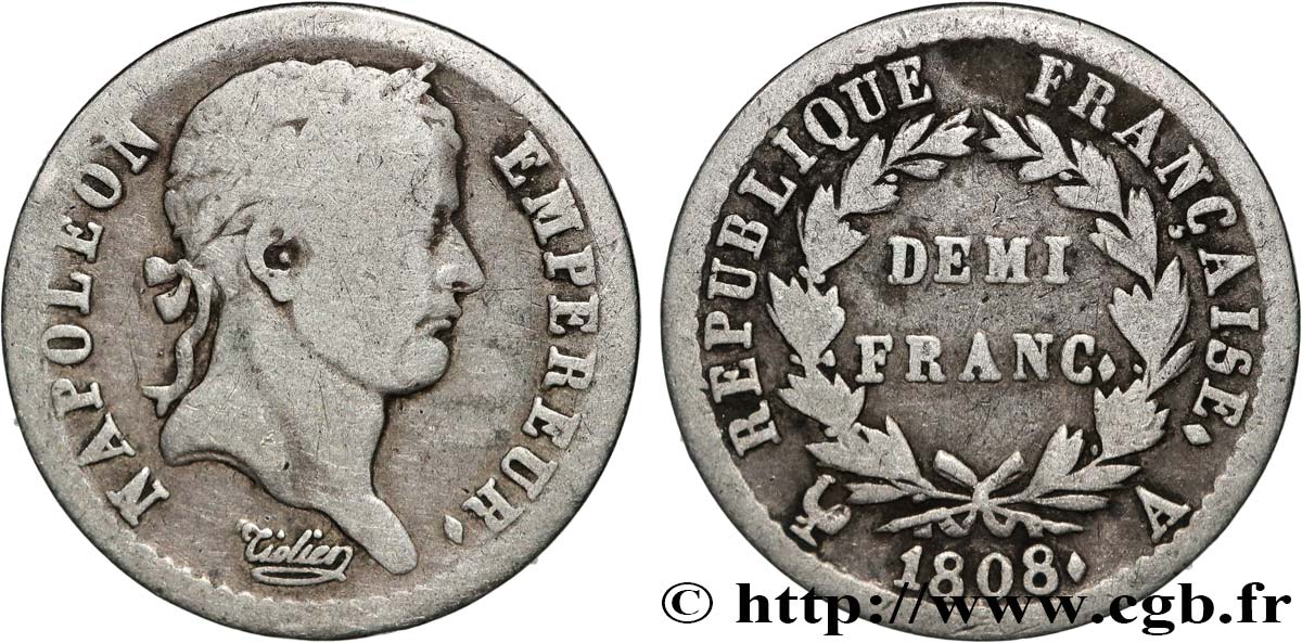 Demi-franc Napoléon Ier tête laurée, République française 1808 Paris F.177/2 TB 