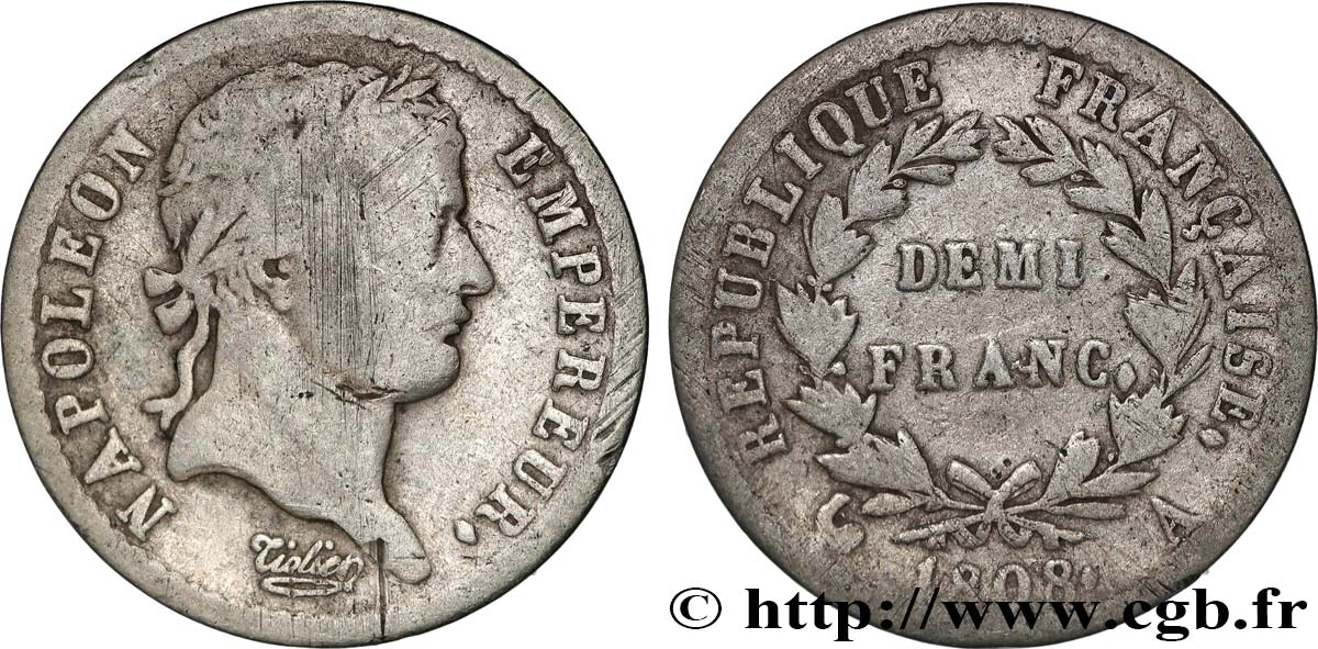 Demi-franc Napoléon Ier tête laurée, République française 1808 Paris F.177/2 TB 