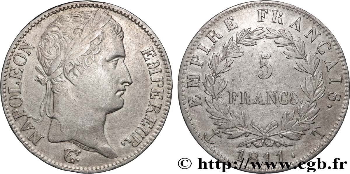 5 francs Napoléon Empereur, Empire français 1811 Nantes F.307/38 TB+ 