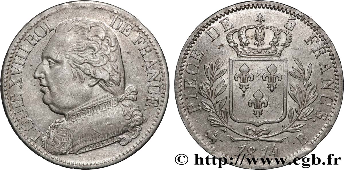 5 francs Louis XVIII, buste habillé 1814 Rouen F.308/2 AU 