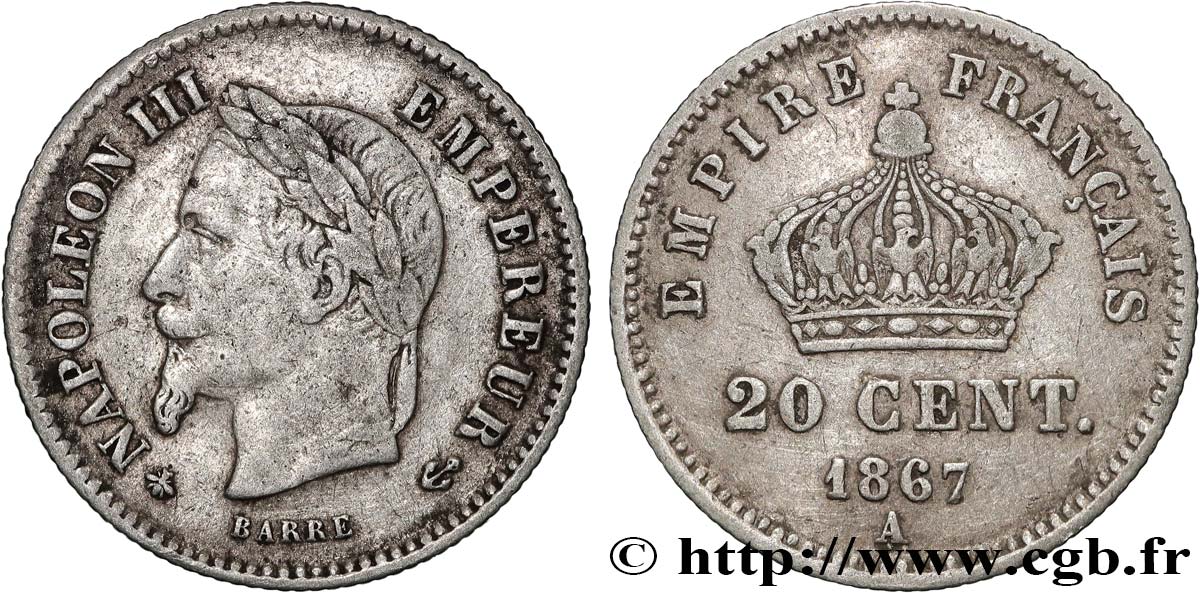 20 centimes Napoléon III, tête laurée, grand module 1867 Paris F.150/1 TTB 