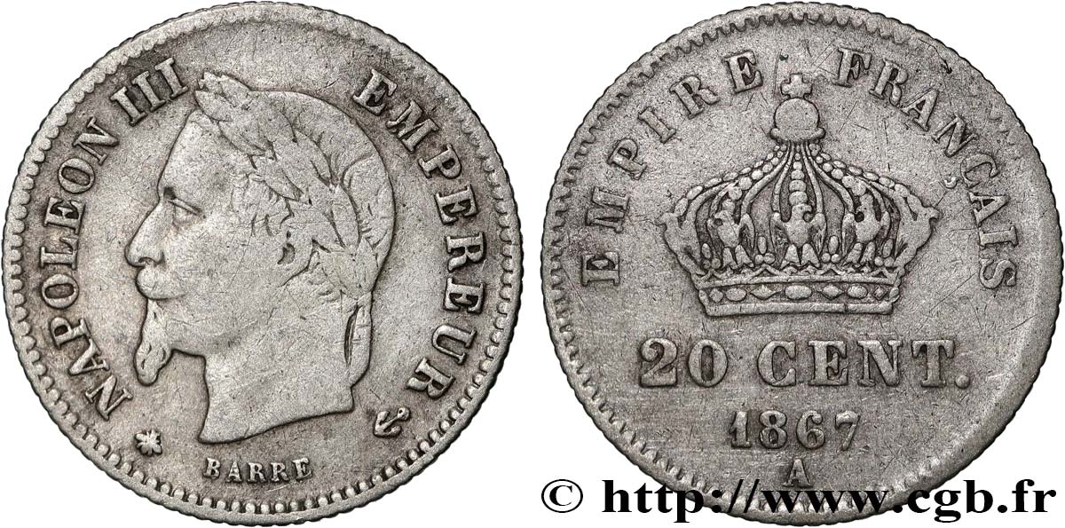 20 centimes Napoléon III, tête laurée, grand module 1867 Paris F.150/1 BB 