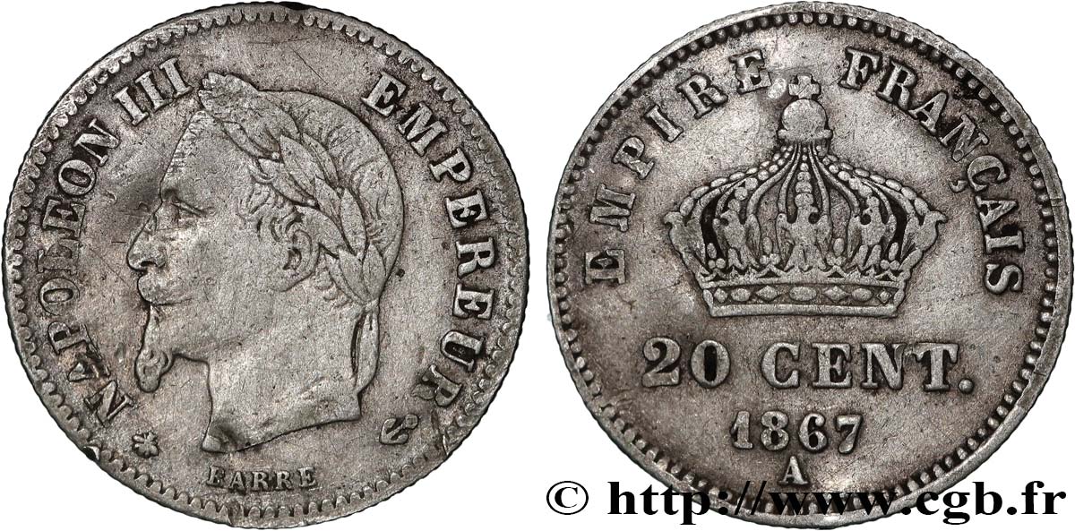 20 centimes Napoléon III, tête laurée, grand module 1867 Paris F.150/1 TTB 