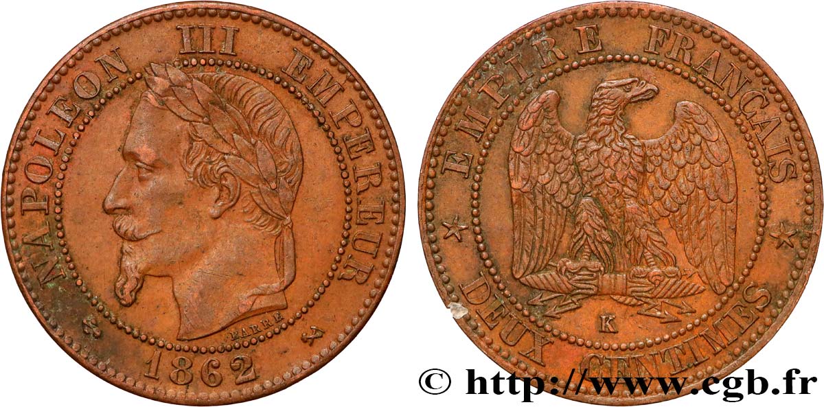 Deux centimes Napoléon III, tête laurée, buste définitif 1862 Bordeaux F.108A/7 BC+ 