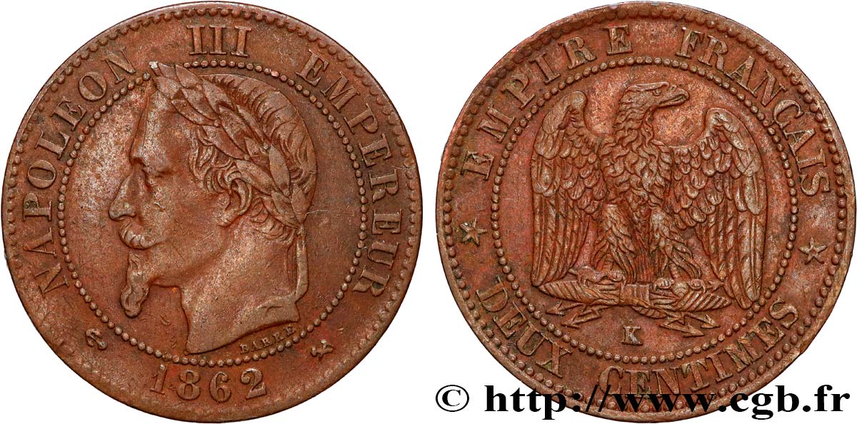 Deux centimes Napoléon III, tête laurée, buste définitif 1862 Bordeaux F.108A/7 VF 