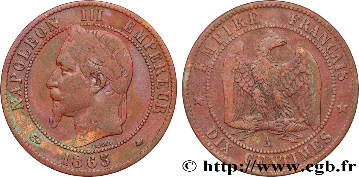 Dix centimes Napoléon III, tête laurée 1863 Paris F.134/10 VF 