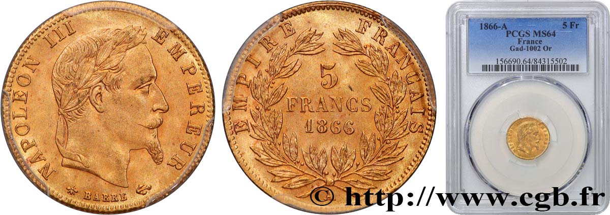 5 francs or Napoléon III, tête laurée 1866 Paris F.502/9 MS64 PCGS
