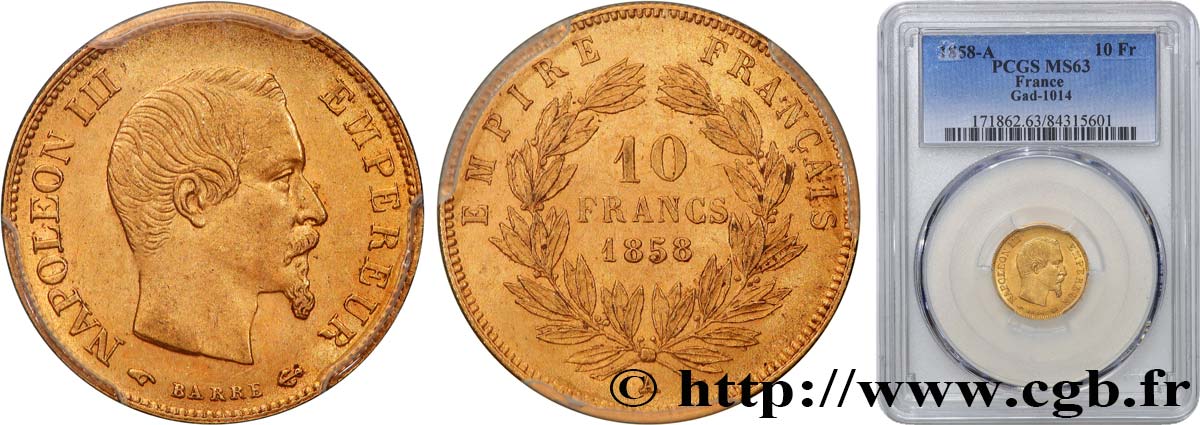 10 francs or Napoléon III, tête nue 1858 Paris F.506/5 SC63 PCGS
