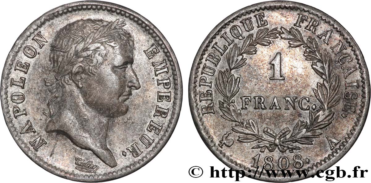 1 franc Napoléon Ier tête laurée, République française 1808 Paris F.204/2 q.SPL 