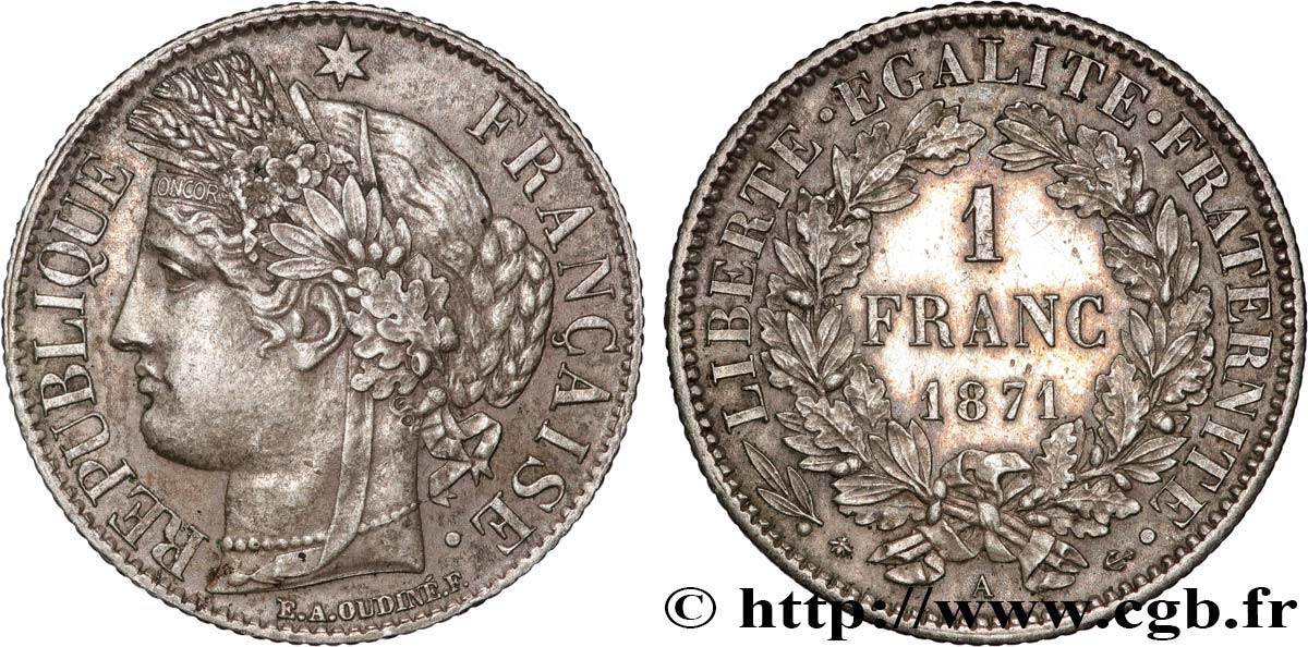 1 franc Cérès, Troisième République, petit A 1871 Paris F.216/2 AU 