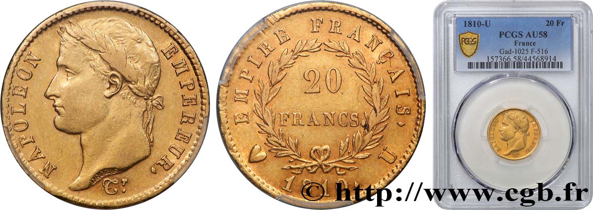 20 francs or Napoléon tête laurée, Empire français 1810 Turin F.516/14 AU58 PCGS
