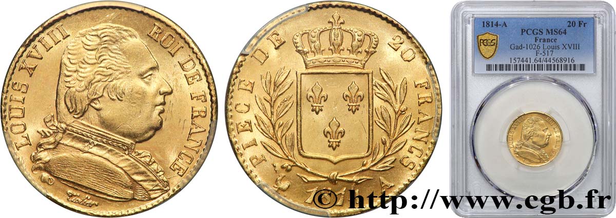 20 francs or Louis XVIII, buste habillé 1814 Paris F.517/1 MS64 PCGS