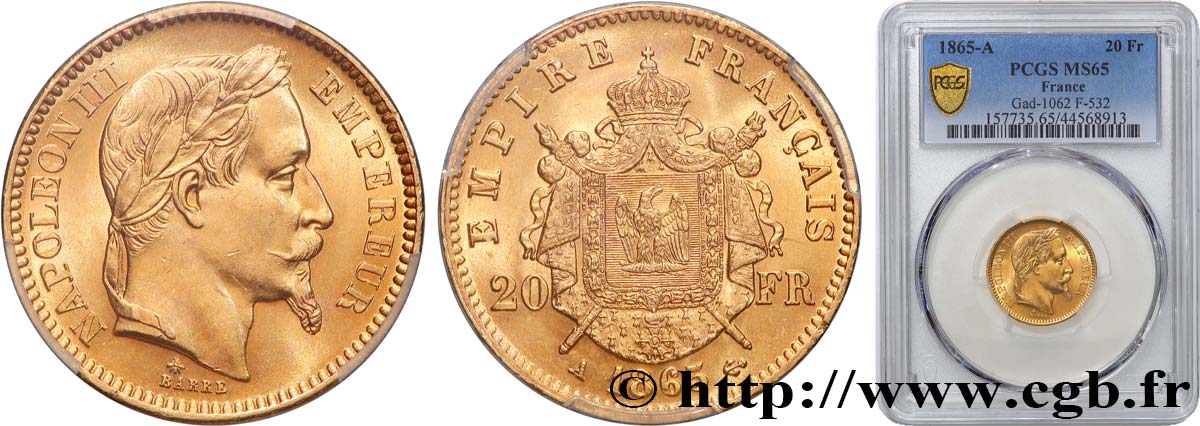 20 francs or Napoléon III, tête laurée 1865 Paris F.532/11 MS65 PCGS