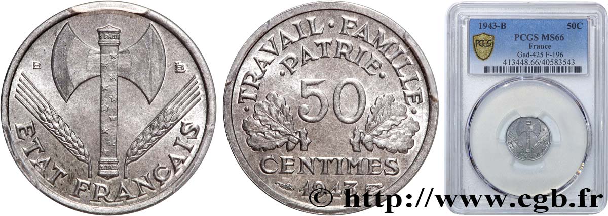 50 centimes Francisque, légère 1943 Beaumont-Le-Roger F.196/3 MS66 PCGS
