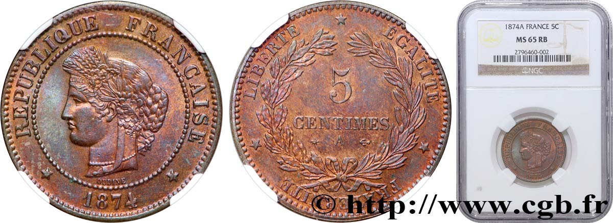 5 centimes Cérès 1874 Paris F.118/9 MS65 NGC