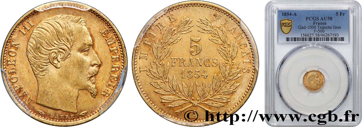 5 francs or Napoléon III, tête nue, petit module, tranche lisse 1854 Paris F.500/1 EBC58 PCGS