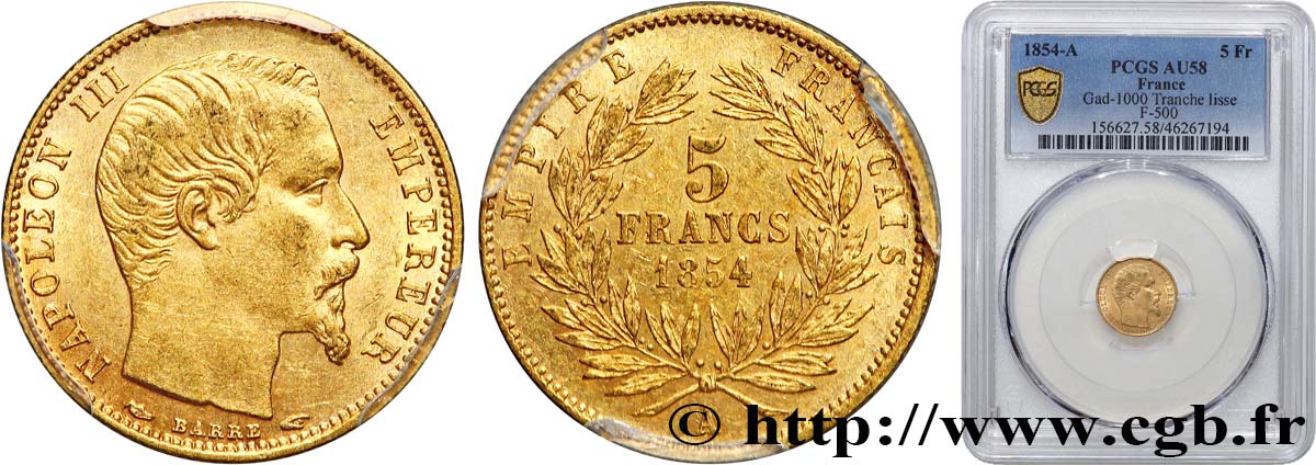 5 francs or Napoléon III, tête nue, petit module, tranche lisse 1854 Paris F.500/1 SUP58 PCGS