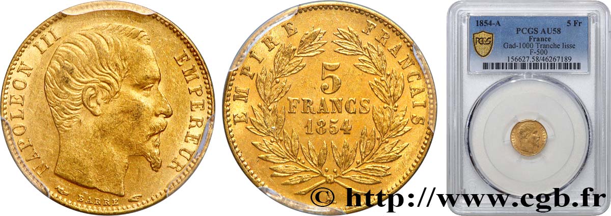 5 francs or Napoléon III, tête nue, petit module, tranche lisse 1854 Paris F.500/1 AU58 PCGS