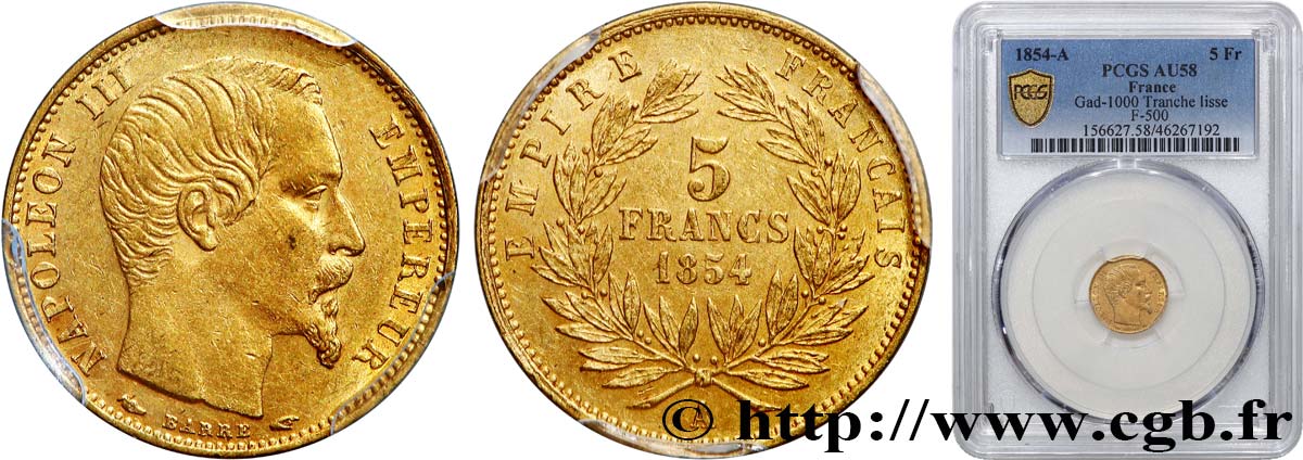 5 francs or Napoléon III, tête nue, petit module, tranche lisse 1854 Paris F.500/1 AU58 PCGS