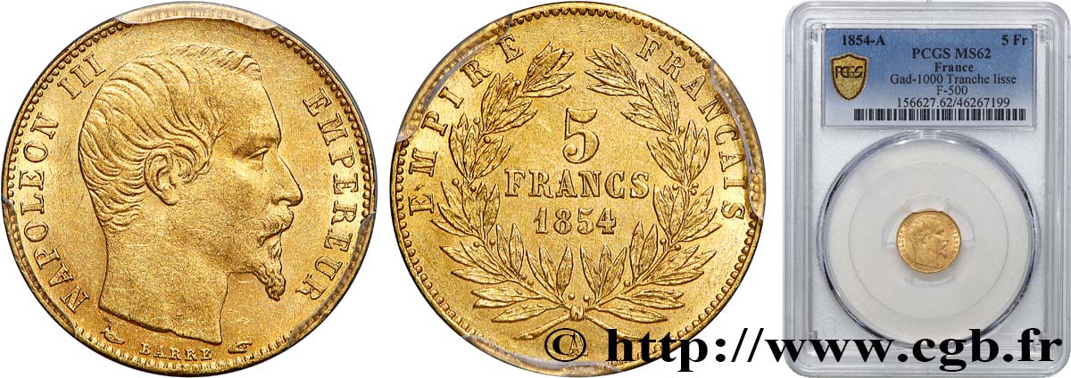 5 francs or Napoléon III, tête nue, petit module, tranche lisse 1854 Paris F.500/1 SPL62 PCGS