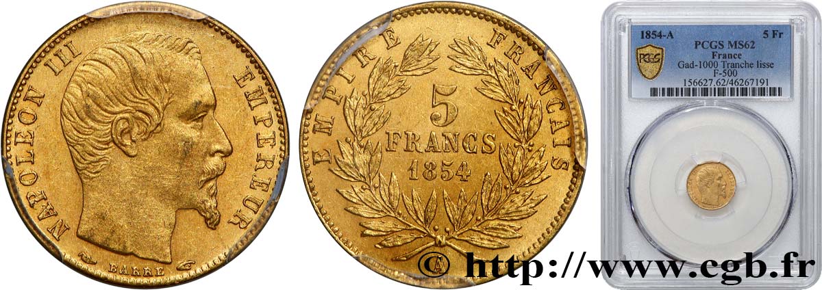 5 francs or Napoléon III, tête nue, petit module, tranche lisse 1854 Paris F.500/1 VZ62 PCGS