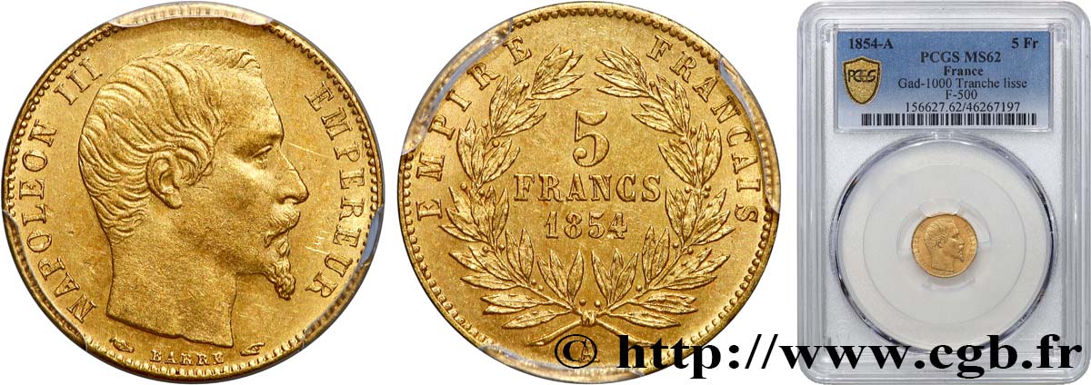 5 francs or Napoléon III, tête nue, petit module, tranche lisse 1854 Paris F.500/1 MS62 PCGS