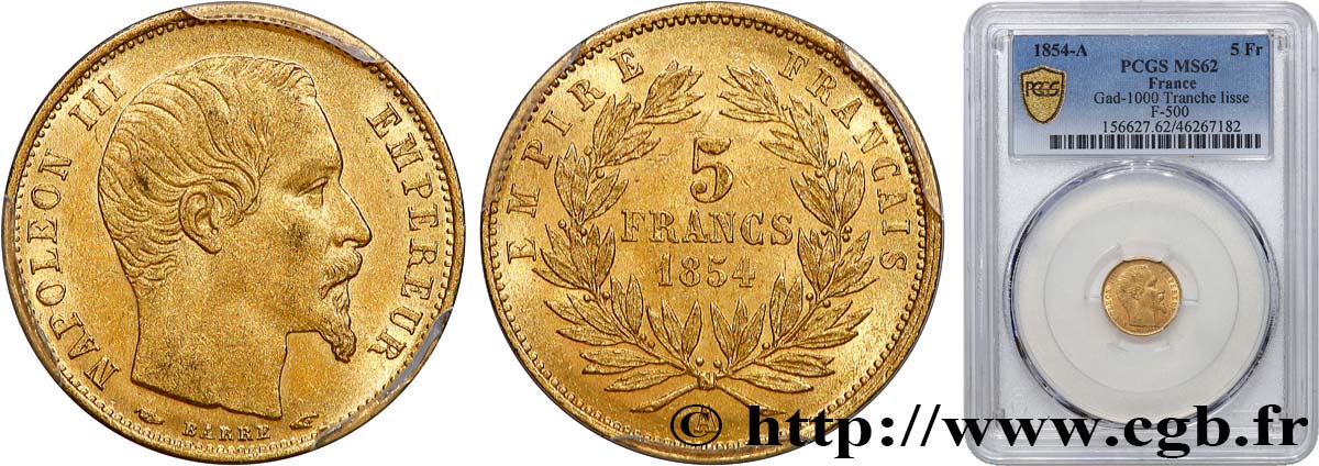 5 francs or Napoléon III, tête nue, petit module, tranche lisse 1854 Paris F.500/1 SUP62 PCGS