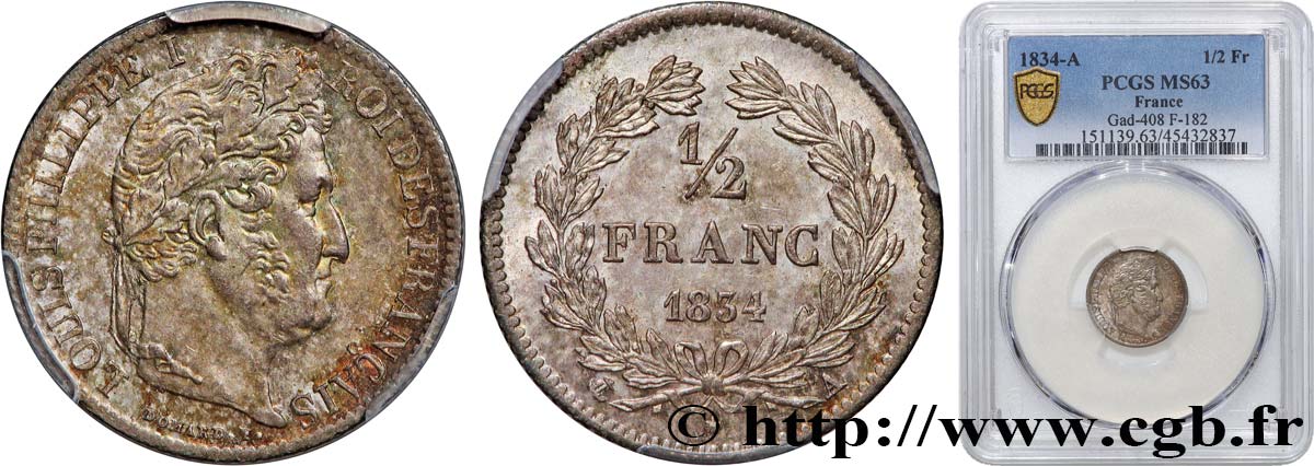 1/2 franc Louis-Philippe 1834 Paris F.182/40 fST63 PCGS